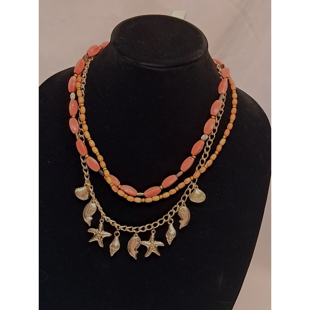Peyote Bird 3 Strand Gold Sealife Coral & Wood Bead Necklace 20-22" NWT